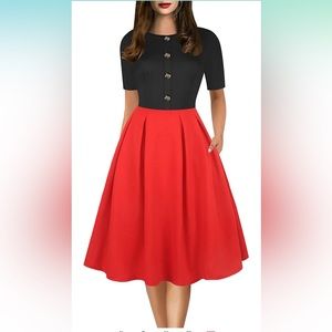 Oxiuli red and black Vintage Scoop Neck Button Decoration Casual Dress